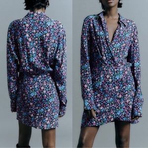 NEW Zara Floral Print Mini Dress size M Multicolor Twist Front Long Sleeve